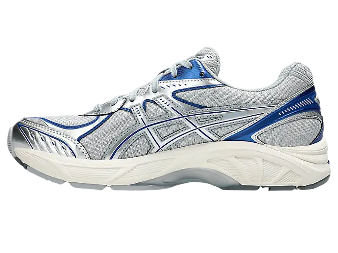 Asics gt-2160 piedmont grey deep marine running shoe with silver and blue mesh upper and supportive midsole