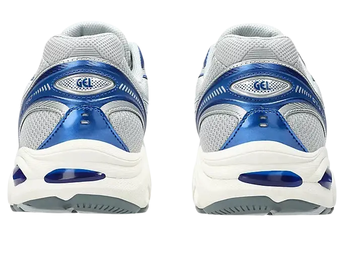 White and blue asics gt-2160 piedmont grey deep marine athletic sneakers with mesh upper glossy heel and air cushioning