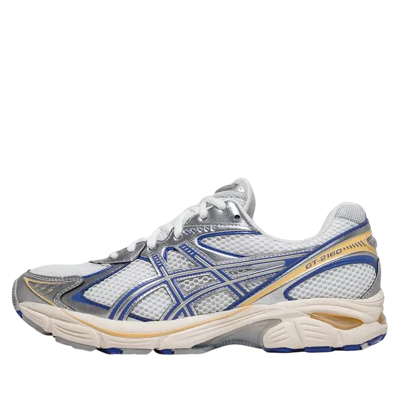 Asics GT-2160 running shoe with silver and blue mesh upper metallic accents and white rubber sole