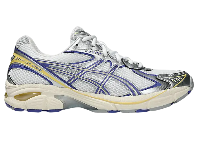 Asics GT-2160 white and blue violet running shoe with mesh upper silver accents and cushioned midsole