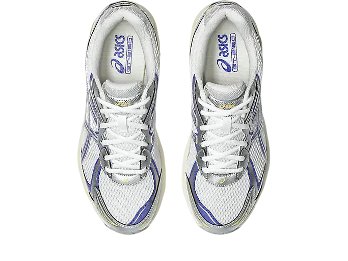 Asics GT-2160 white and blue violet running shoes with mesh upper and metallic silver accents for performance running