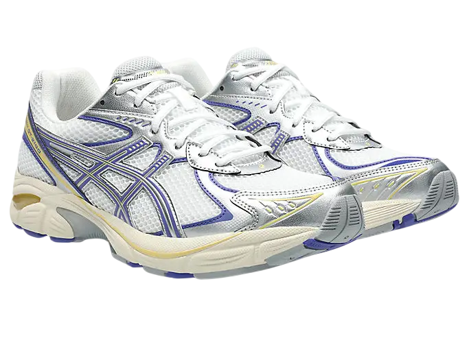 White and purple asics gt-2160 running shoes with mesh upper silver accents and cushioned sole for comfort