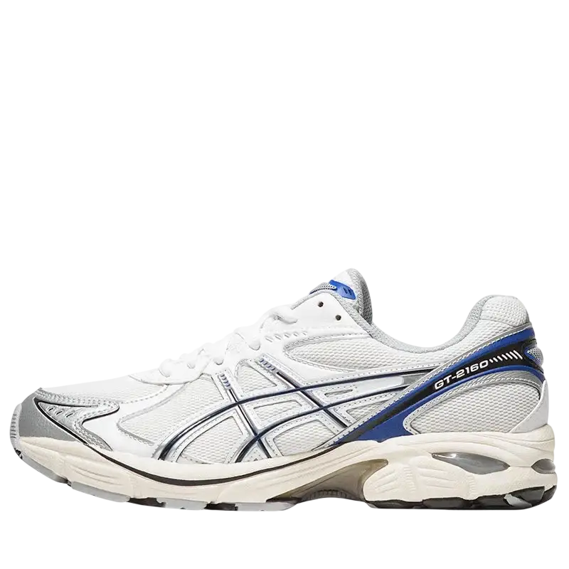 White asics gt-2160 running shoe with blue and silver accents designed for stability and performance