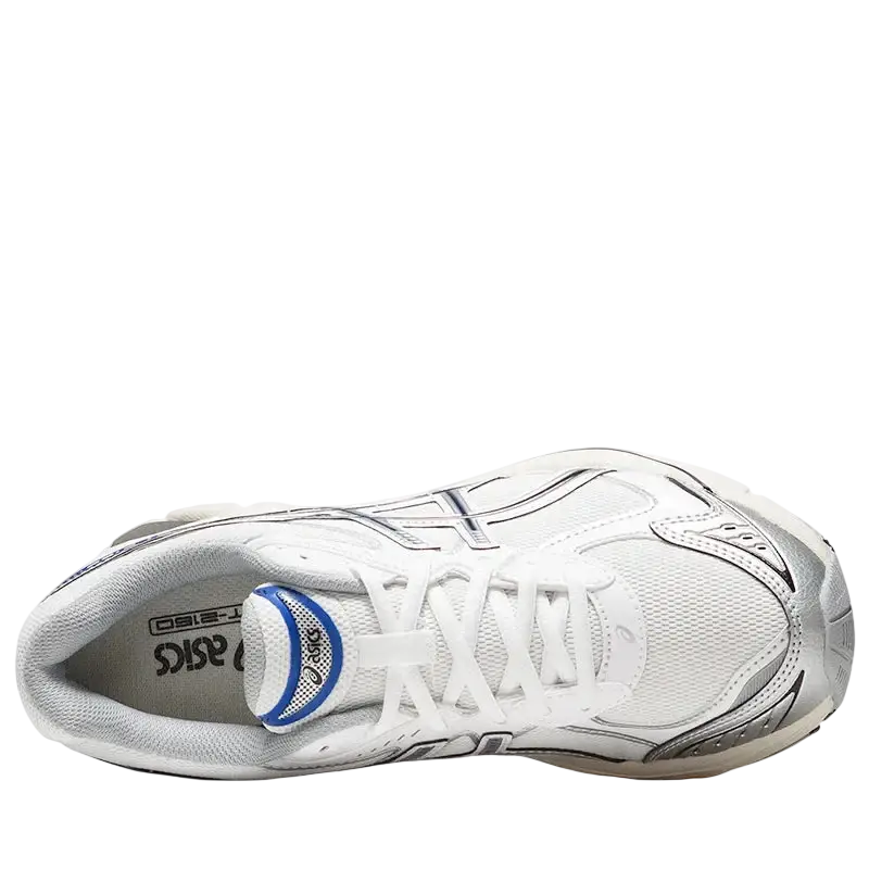 White asics gt-2160 running shoe with silver and blue mesh upper and synthetic overlays for comfort and support