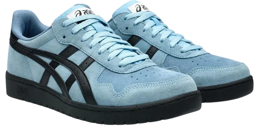 Light blue suede asics japan pro sneakers with black stripes and laces for casual and athletic wear