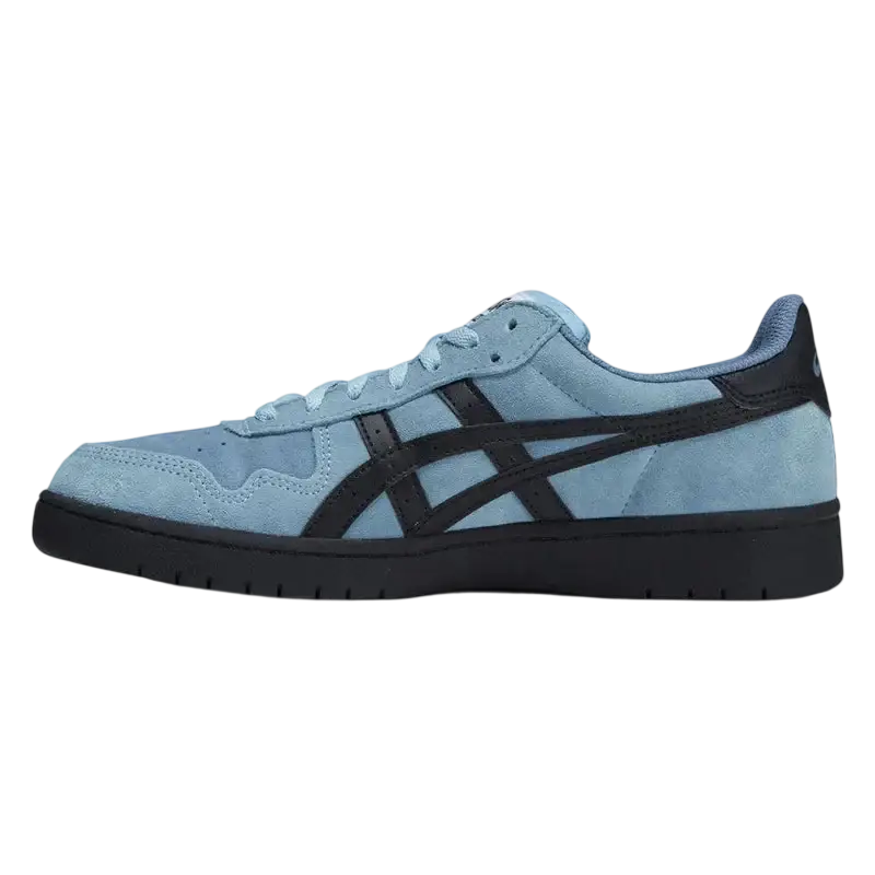 Light blue suede asics japan pro sneaker with black accents and classic athletic design for sports and casual wear