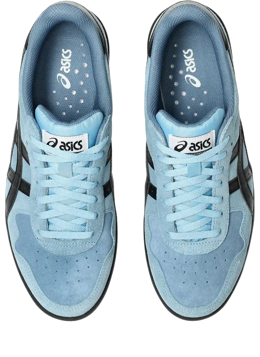 Light blue suede Asics Japan Pro sneakers with black accents and white laces in Arctic Sky black colorway