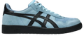 Light blue suede asics japan pro sneaker with black rubber stripes and matching black sole