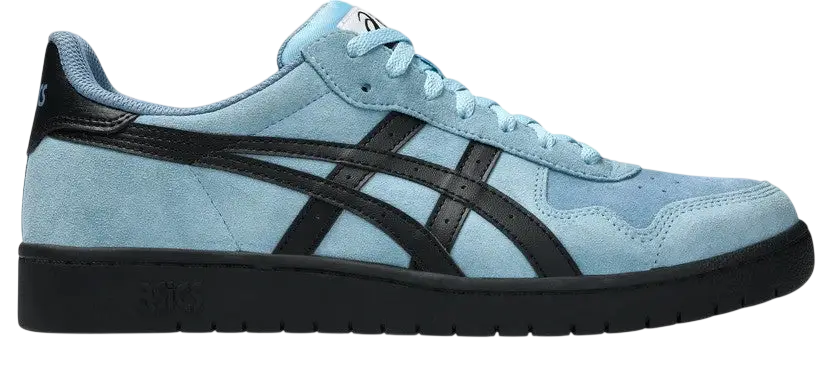 Light blue suede asics japan pro sneaker with black rubber stripes and matching black sole