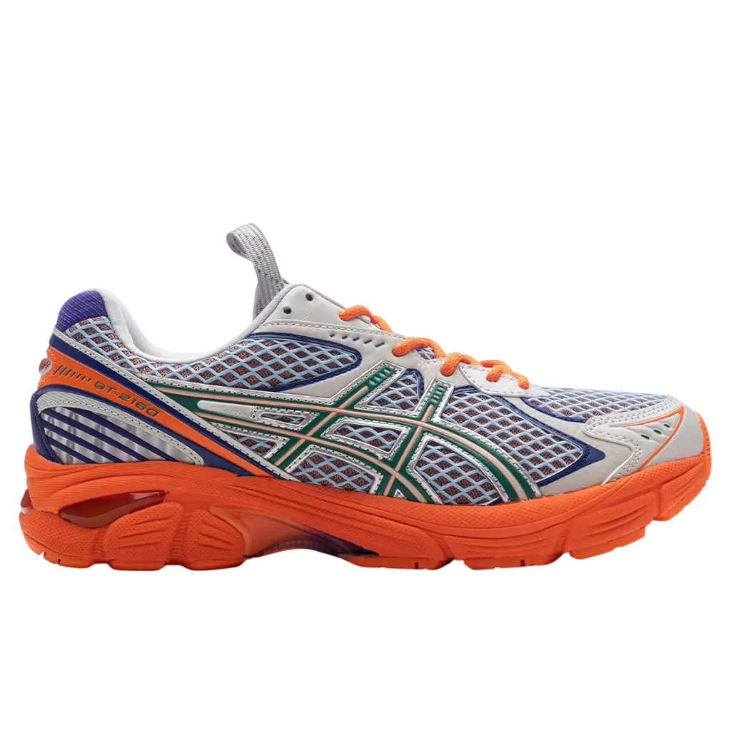 Asics x kiko kostadinov ub7-s mesh running shoe in lava orange jasper green with blue and white and orange laces and sole