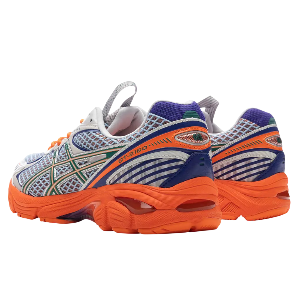 Asics gt-2160 running shoes with lava orange sole, purple blue accents, white mesh upper, and jasper green details