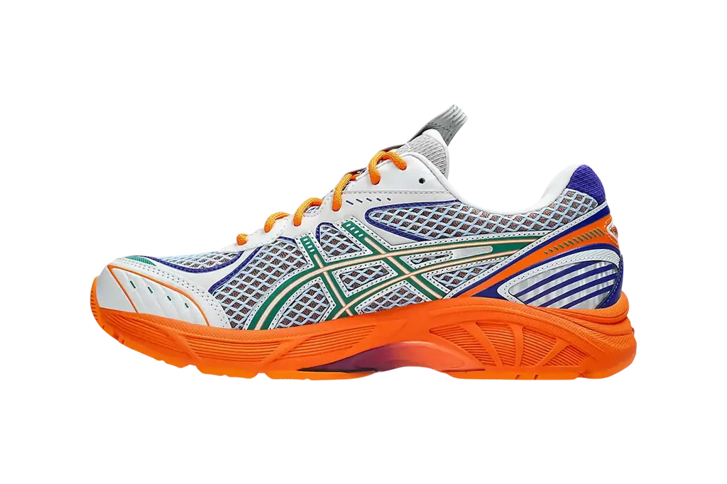 Asics x kiko kostadinov ub7-s running shoe with white orange and blue mesh upper and vibrant color accents