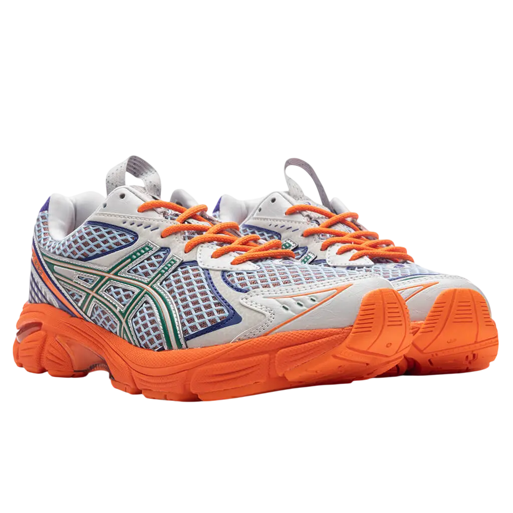 Asics x Kiko Kostadinov UB7-S GT-2160 running shoes with white orange mesh upper and green blue branding accents