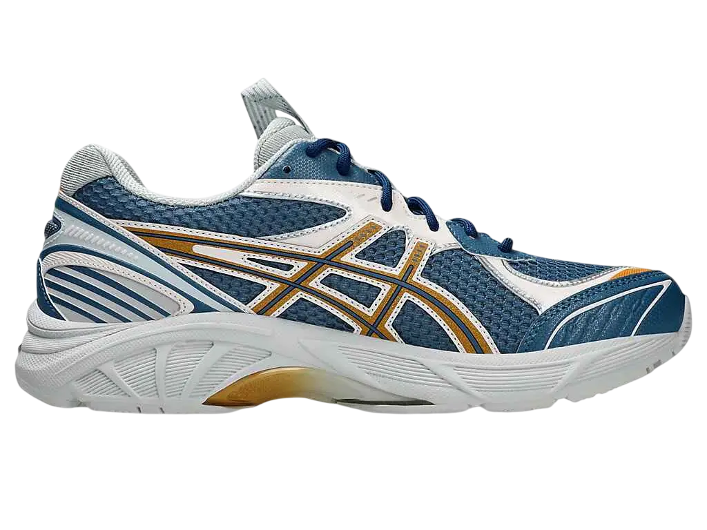 Blue and white asics x kiko kostadinov ub8-s gt-2160 running shoe with gold accent stripes for performance use
