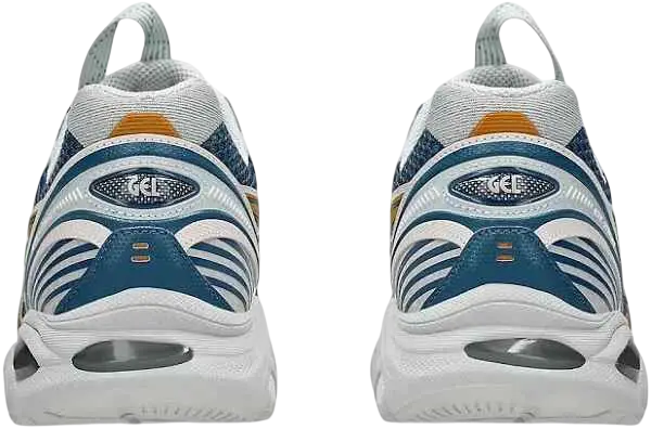 White and teal Nike Air Max 270 sneakers with orange accents shown from the back in Asics x Kiko Kostadinov UB8-S GT-2160 Azure Gold style