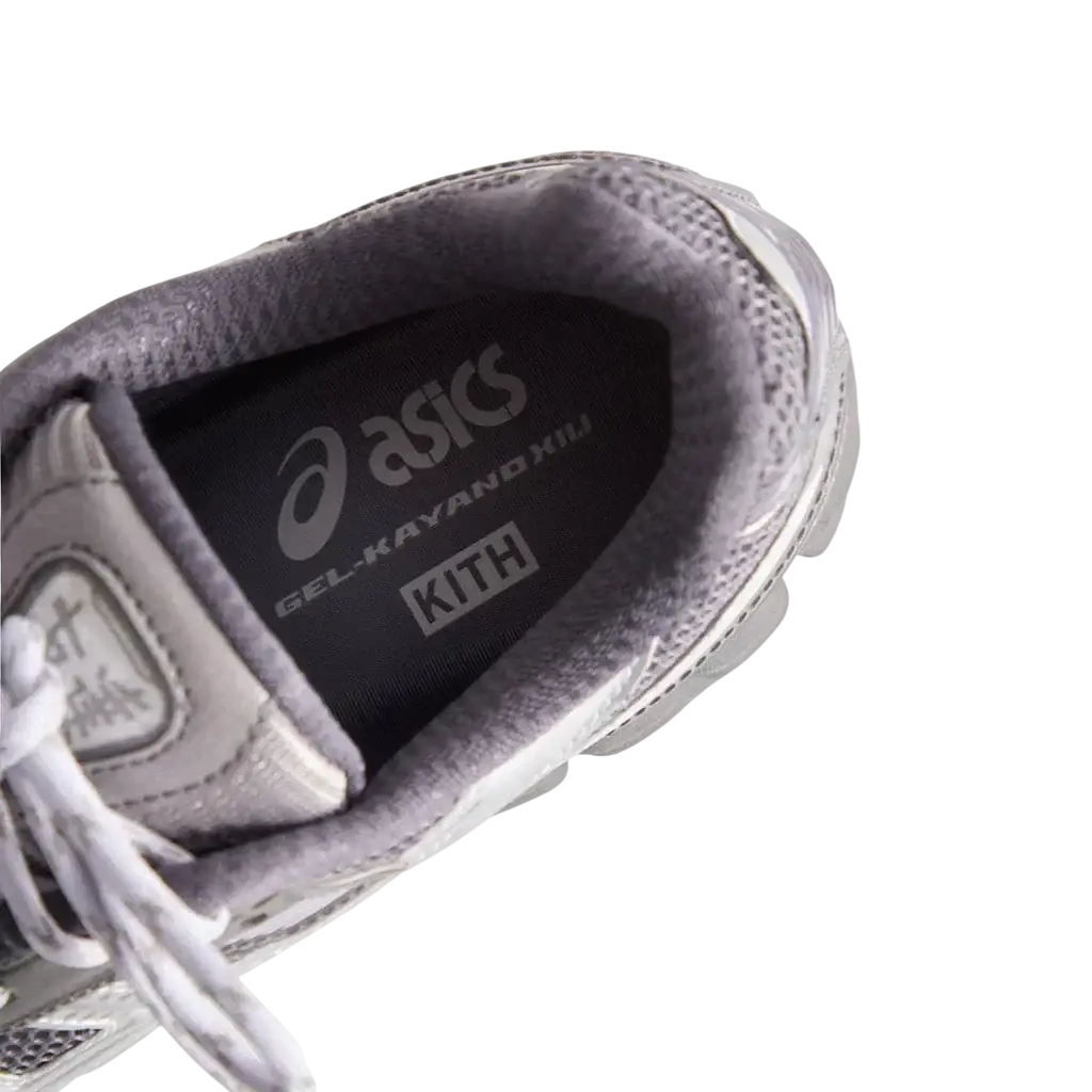 Gray asics gel-kayano 12.1 sneaker in tornado pure silver with kith collaboration branding on the side