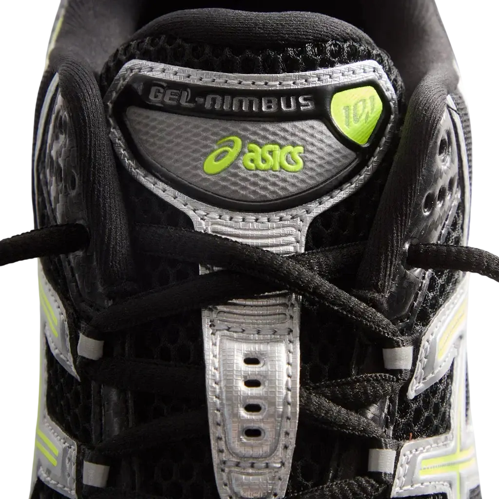 Asics x Kith Gel Nimbus 10.1 black and pure silver running shoe with neon green accents for high performance