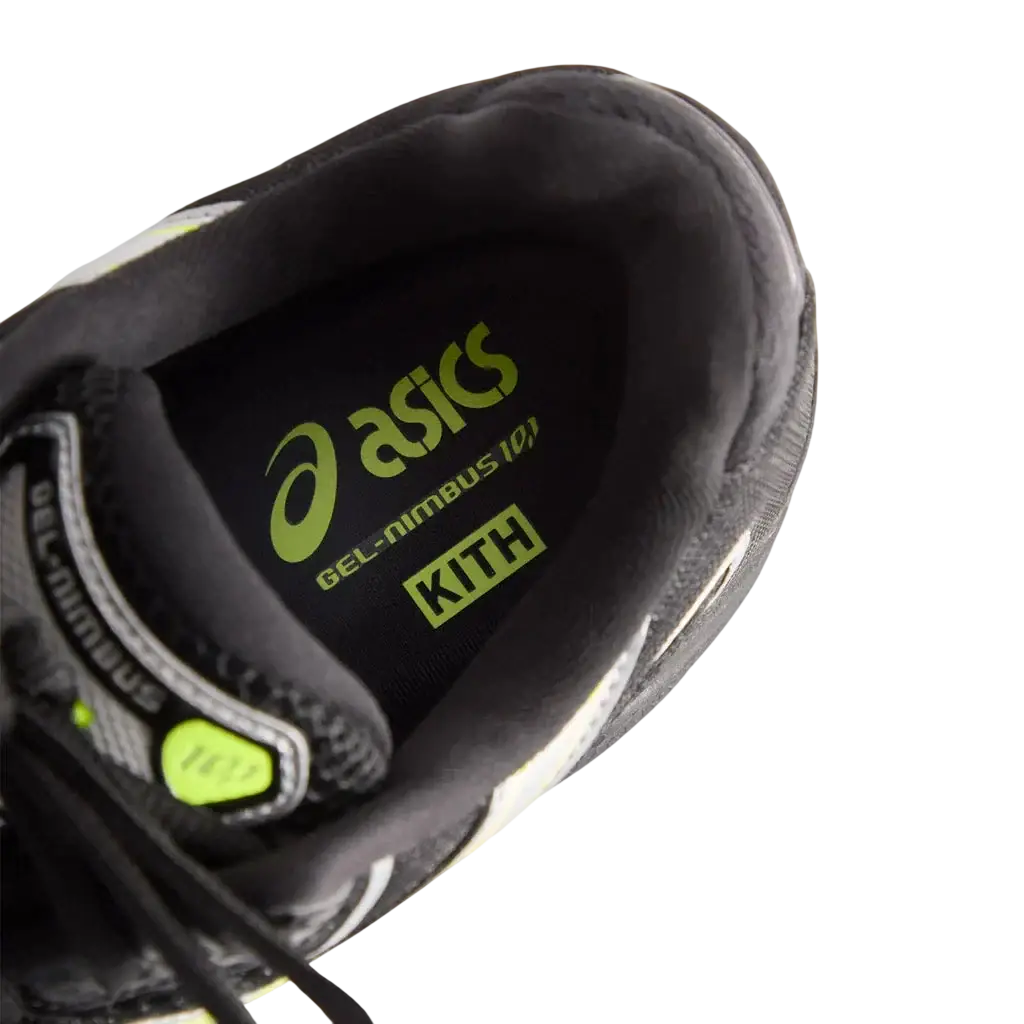 Asics x Kith gel nimbus 10.1 black pure silver running shoe with sleek black and neon green design for performance