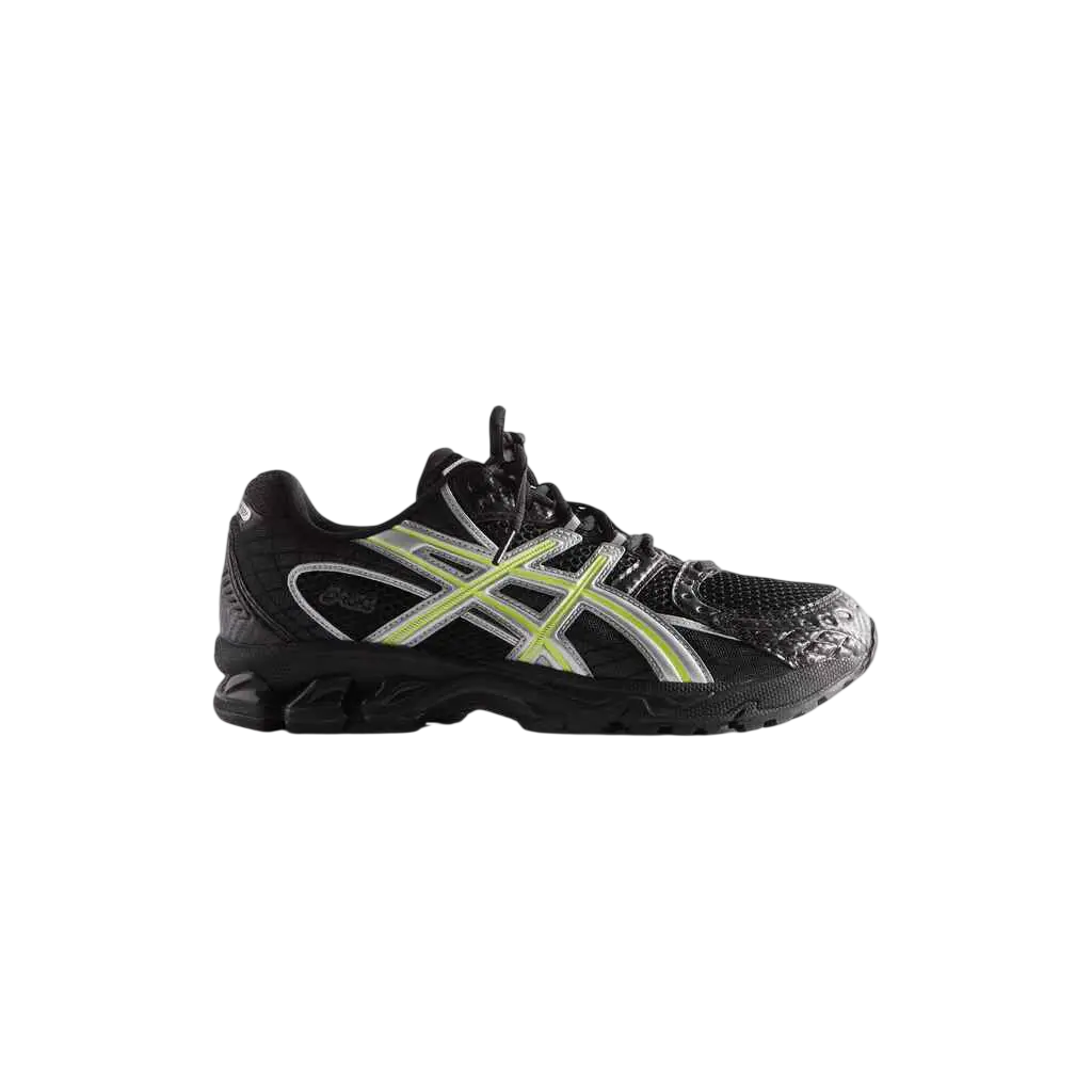 Asics x kith gel nimbus 10.1 black running shoe with neon green and pure silver side accents for performance use