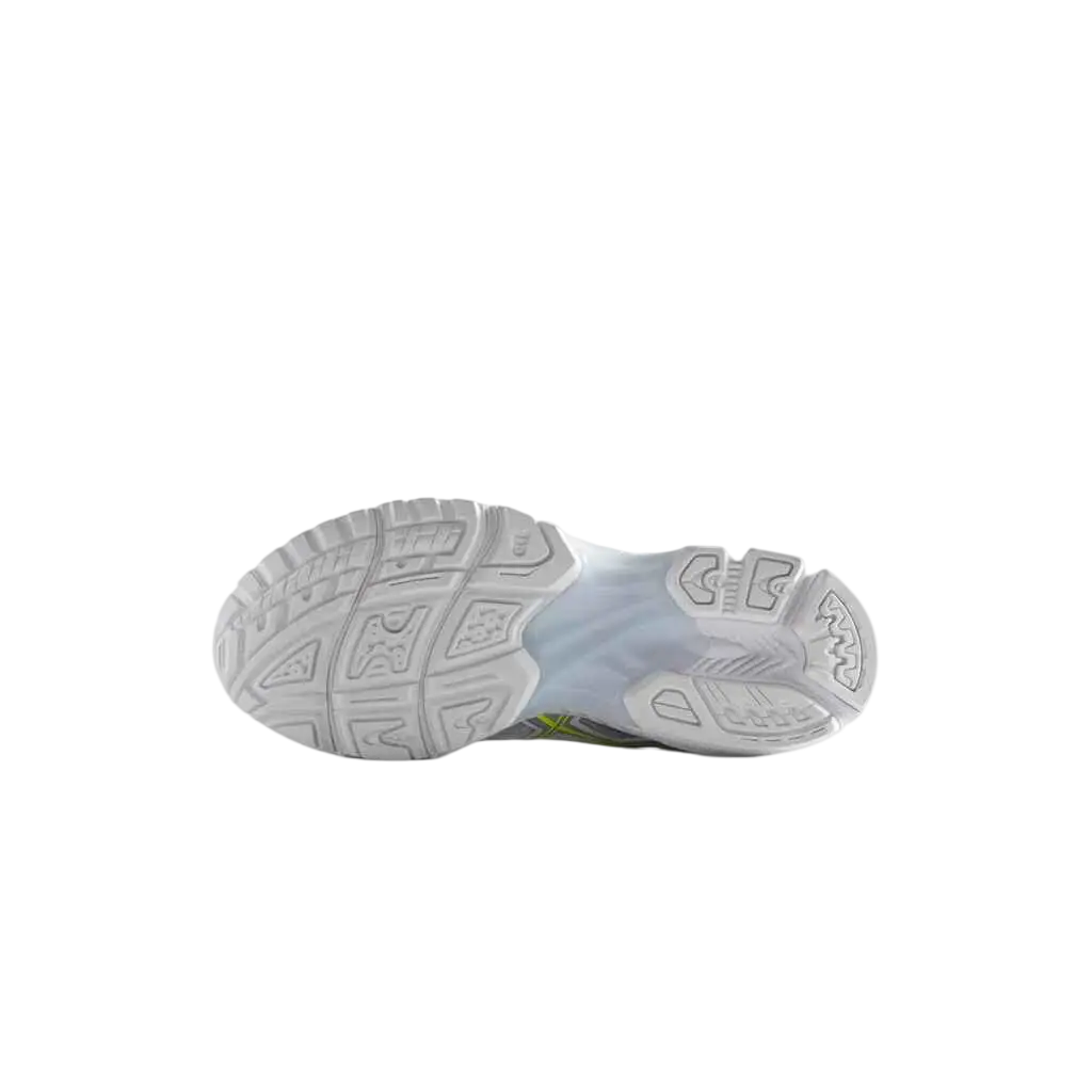 White rubber sole of asics x kith gel nimbus 10.1 with intricate tread pattern and lime green accents