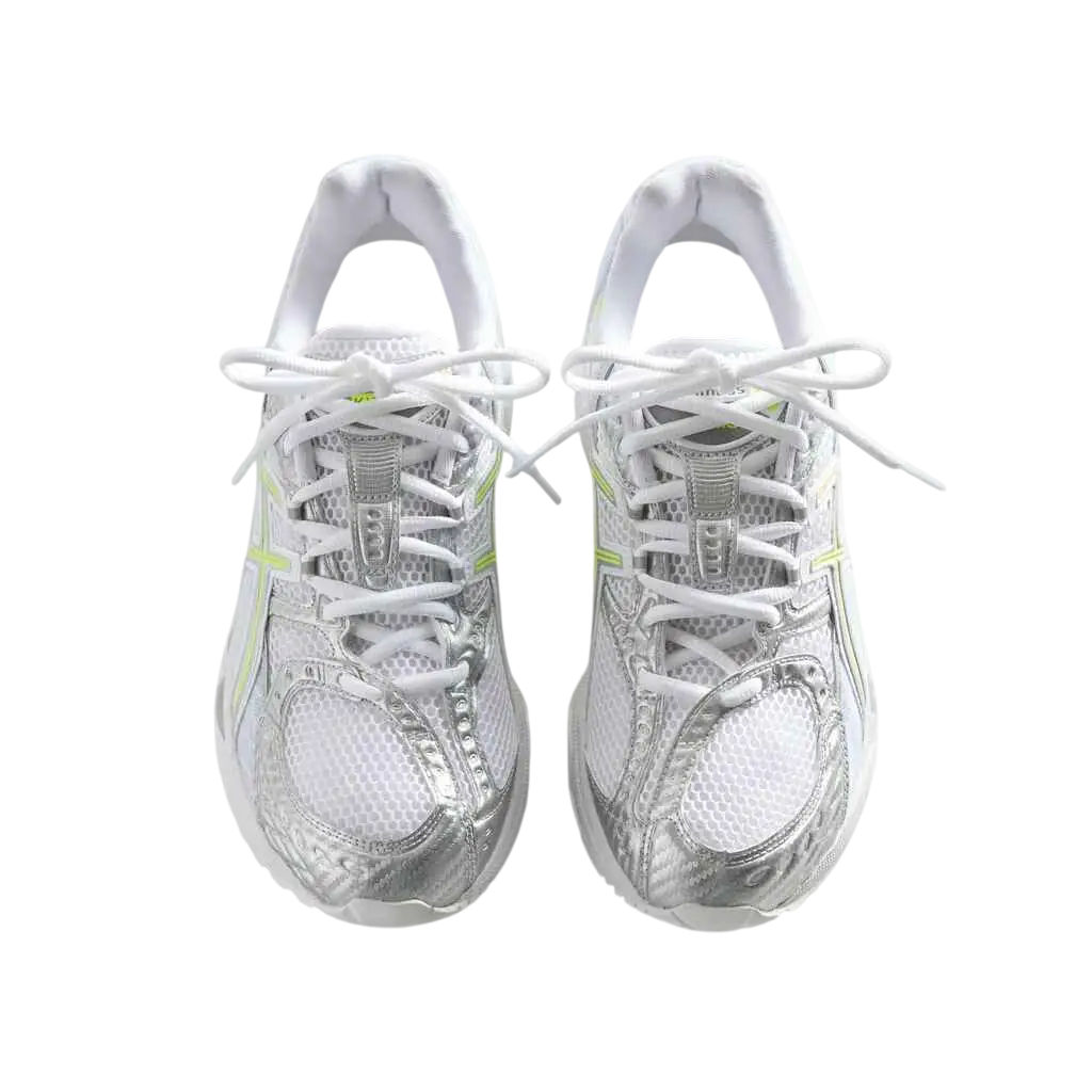 Asics x Kith Gel Nimbus 10.1 white and pure silver athletic sneakers with mesh upper metallic accents and neon green laces