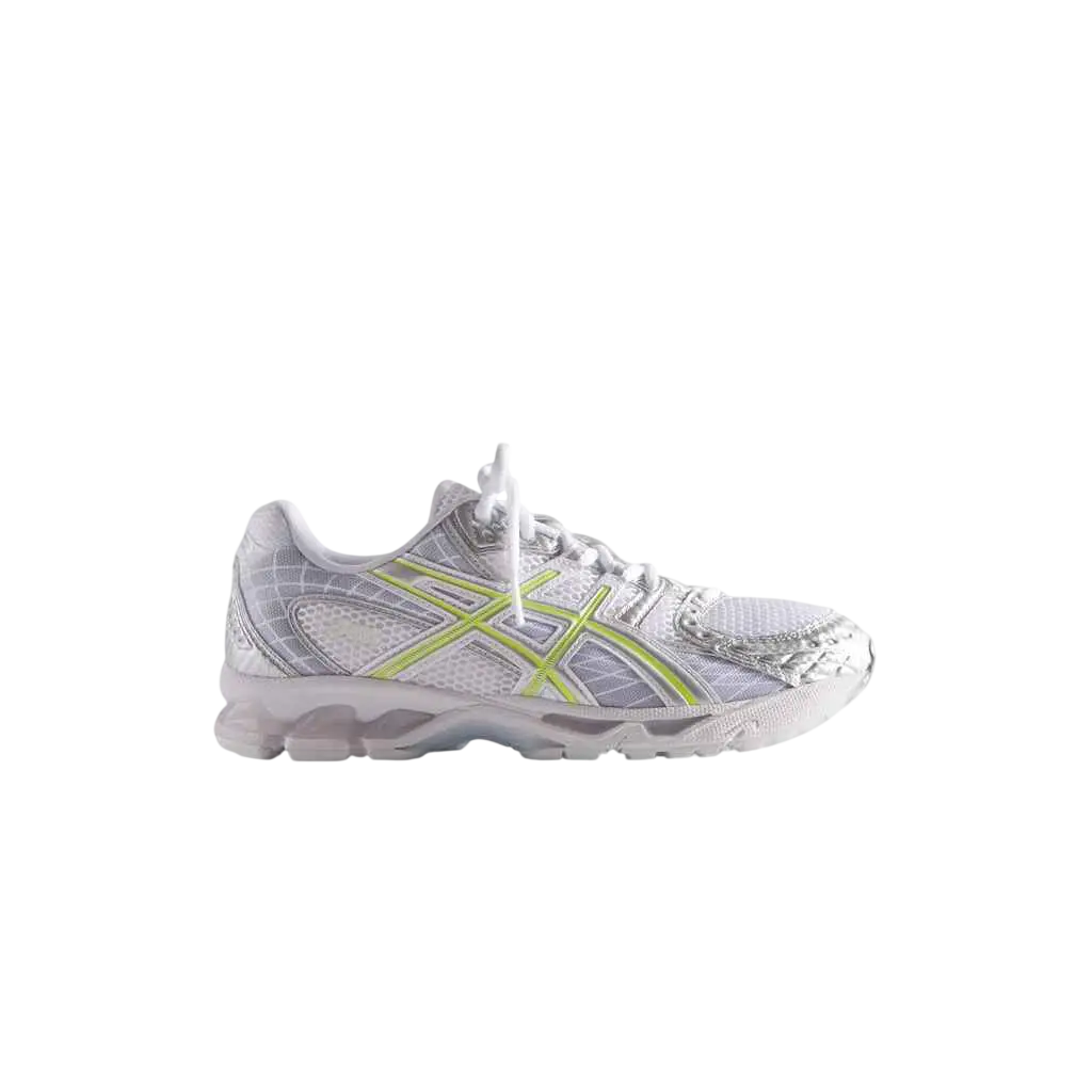 Asics x kith gel nimbus 10.1 white pure silver running shoe with white and neon green mesh upper and textured sole
