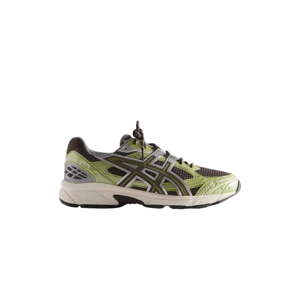 Asics x Kith Gel-Nunobiki Deliciosoe pure silver lime green and gray running shoe with mesh upper and white rubber sole
