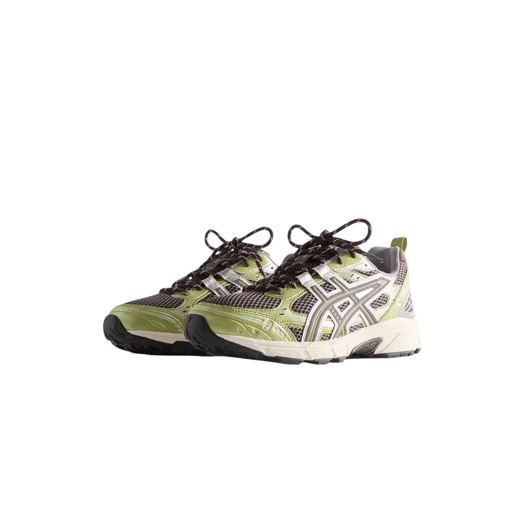 Asics x kith gel-nunobiki deliciosoe pure silver lime green and white running shoes with black laces and mesh detailing
