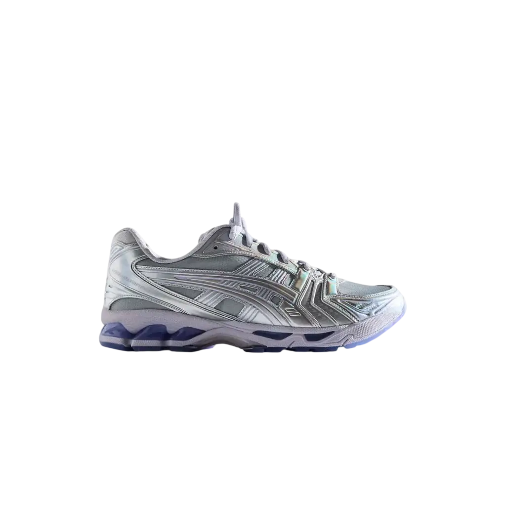 Silver and white asics gel-kayano 27 running shoe with reflective accents in asics x kith x marvel silver surfer design