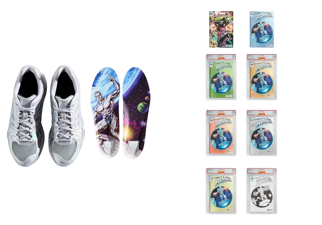 White athletic sneakers with gray accents and laces in a sleek design from asics x kith x marvel silver surfer gel-kayano 14