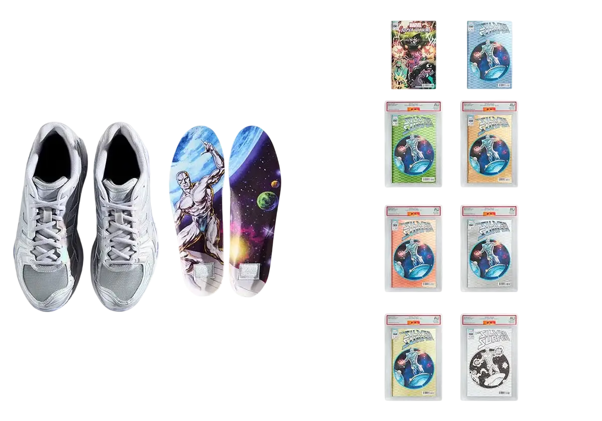 White athletic sneakers with gray accents and laces in a sleek design from asics x kith x marvel silver surfer gel-kayano 14