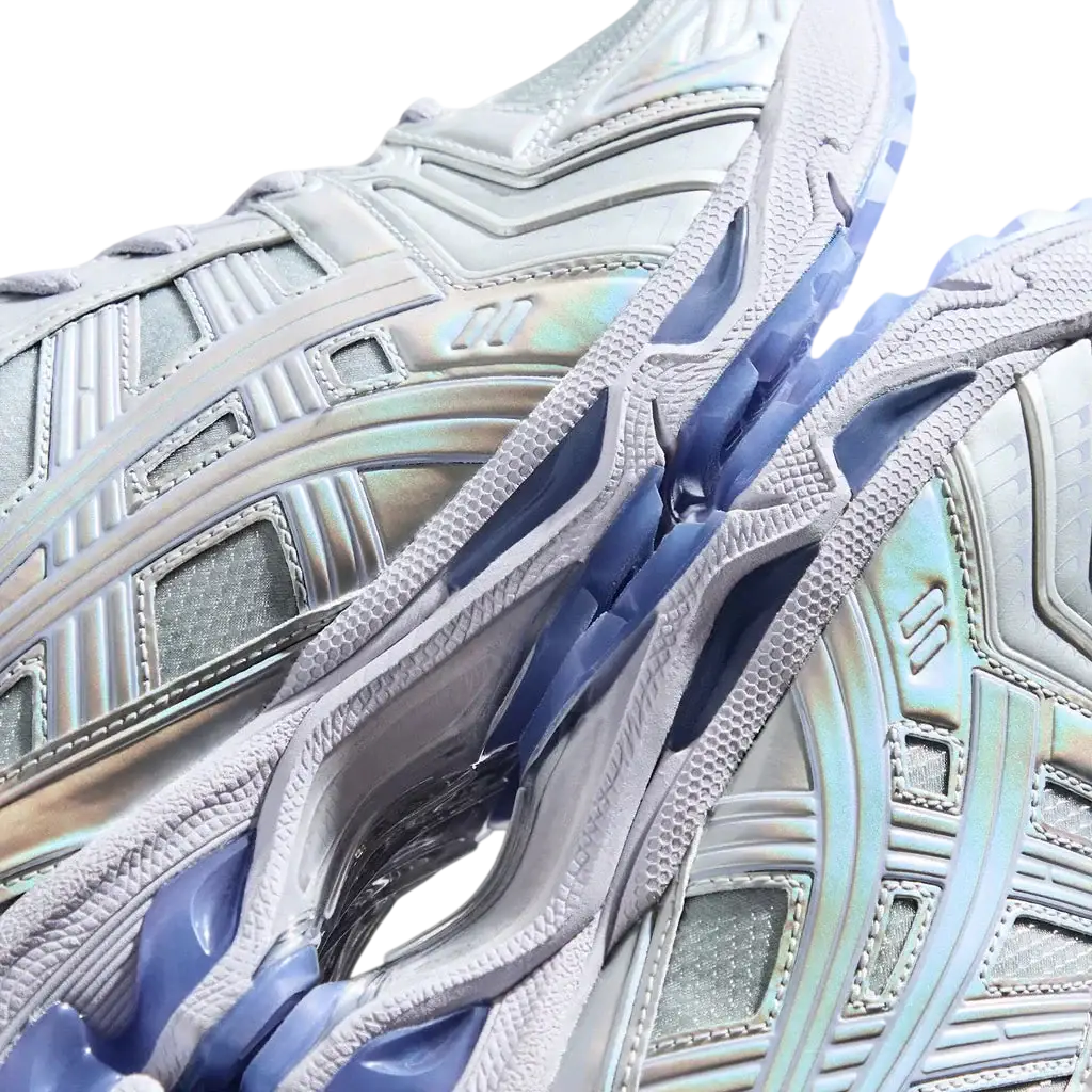 Asics x Kith x Marvel Silver Surfer Gel-Kayano 14 white iridescent sneakers with blue translucent layered mesh and synthetic upper