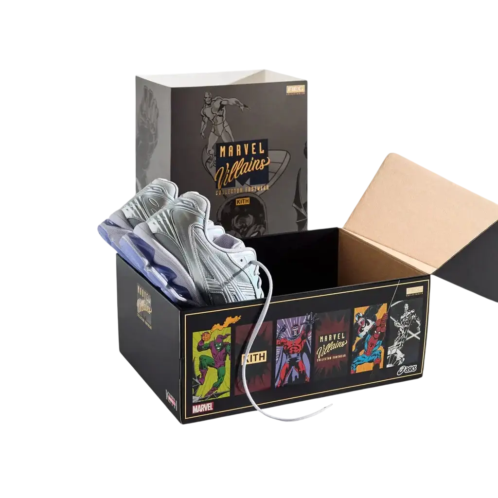 Asics x Kith x Marvel Silver Surfer Gel-Kayano 14 silver and white athletic sneakers with purple sole accents and a sleek design