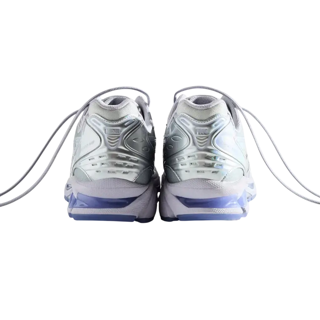 Asics x Kith x Marvel Silver Surfer Gel-Kayano 14 silver and white sneakers with translucent blue air cushion sole