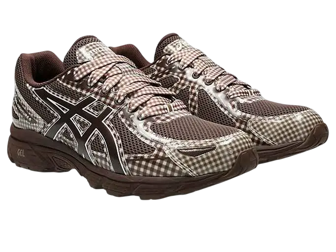 Asics x Story Mfg gel-venture 6 running shoes in brown and white gingham with black branding accents