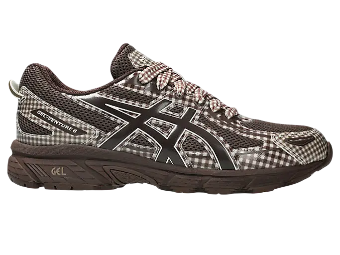 Brown and black gingham asics gel-venture 6 running shoe with mesh upper and rubber sole for trail use