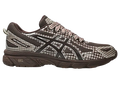 Brown and black gingham asics gel-venture 6 running shoe with mesh upper and rubber sole for trail use
