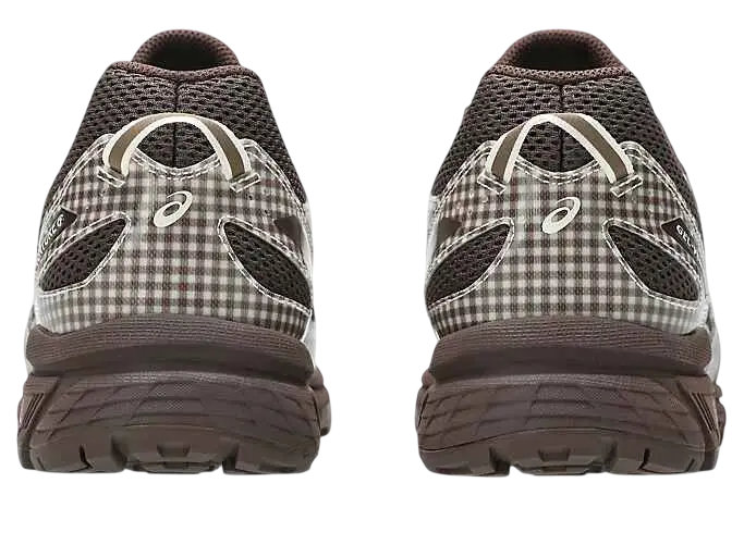 Brown and white checkered asics gel-venture 6 running shoes with mesh upper and rubber sole by story mfg