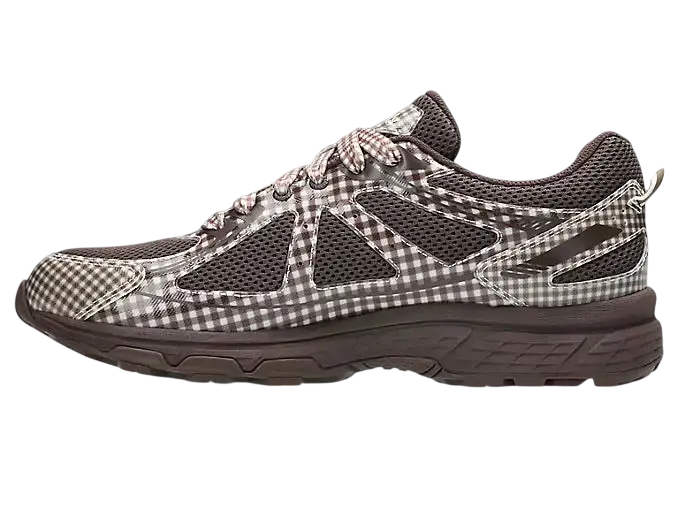 Asics x Story Mfg Gel-Venture 6 athletic shoe with black and white gingham mesh upper and dark brown rubber sole
