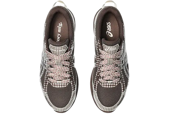 Brown and white checkered asics x story mfg gel-venture 6 sneakers with mesh uppers and rubber soles