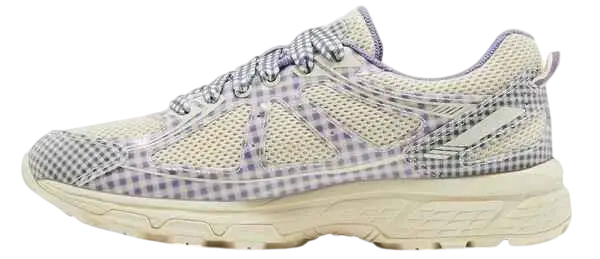 Asics x story mfg gel-venture 6 violet quartz gingham running shoe with mesh upper and beige midsole