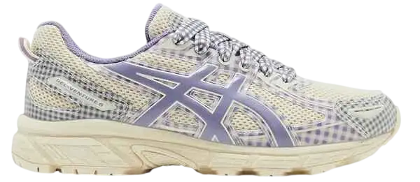 A light purple and off-white asics running shoe with breathable mesh upper and checkered pattern accents