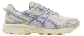 A light purple and off-white asics running shoe with breathable mesh upper and checkered pattern accents