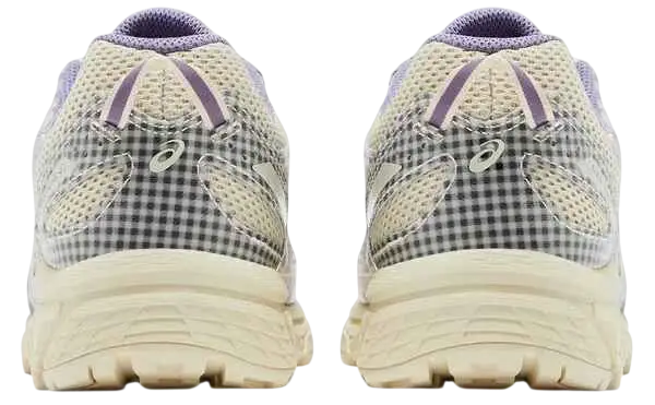 A pair of asics x story mfg gel-venture 6 running shoes with black and white gingham pattern and violet quartz accents