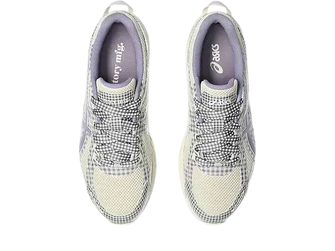 A pair of asics women’s running shoes with violet quartz gingham pattern and breathable mesh panels for comfort