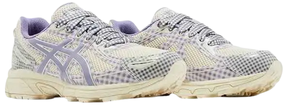 Asics x story mfg gel-venture 6 violet quartz gingham running shoes with gray white checkered upper purple accents and cream sole
