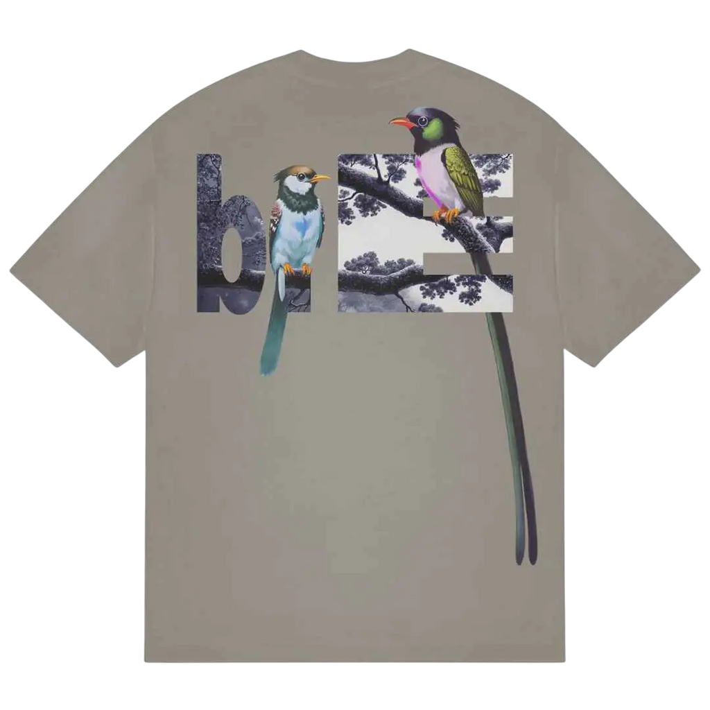 Beige short-sleeved b.Eautiful Bird Watching T-shirt mushroom with detailed colorful birds and love graphic design