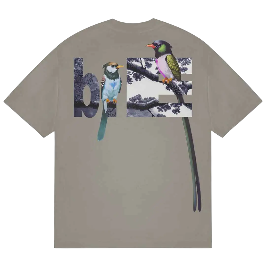 Beige short-sleeved b.Eautiful Bird Watching T-shirt mushroom with detailed colorful birds and love graphic design