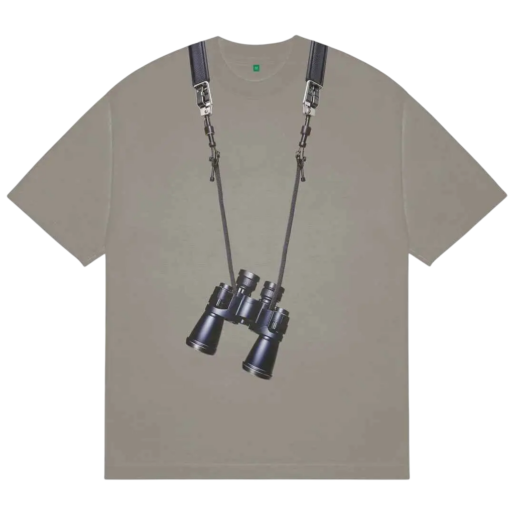 Beige short-sleeved b.Eautiful Bird Watching t-shirt with adjustable straps and black binoculars print mushroom design