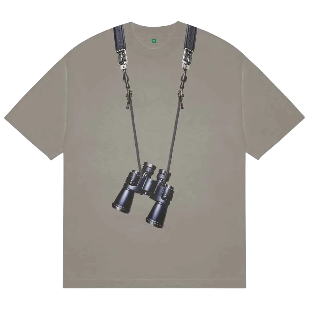 Beige short-sleeved b.Eautiful Bird Watching t-shirt with adjustable straps and black binoculars print mushroom design